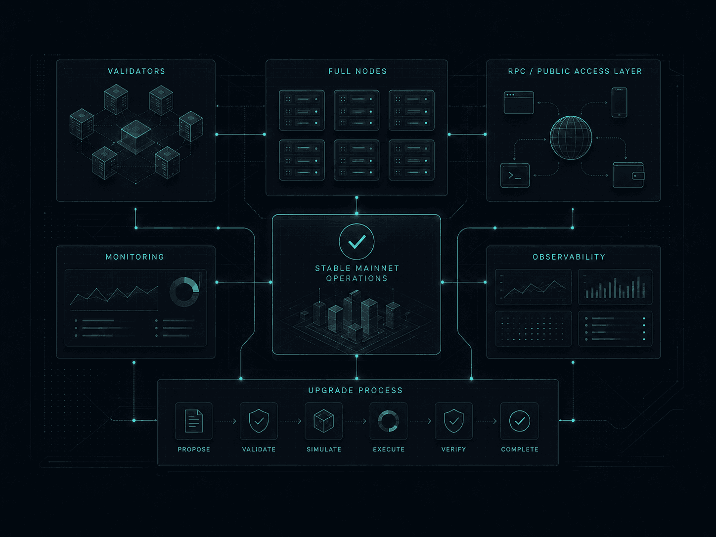 Abstract validator and node infrastructure diagram for a blockchain network launch